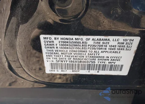2005 Honda Pilot Ex-L z USA, uszkodzony, nr VIN 5FNYF186X5B003755